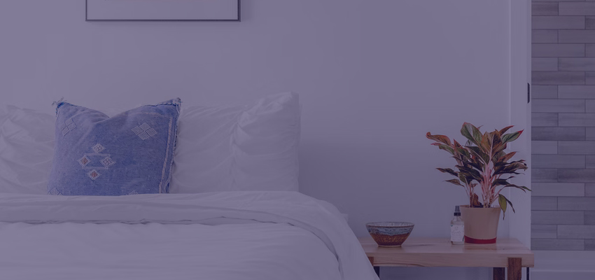 Side table, and plant next to bed with white bedding