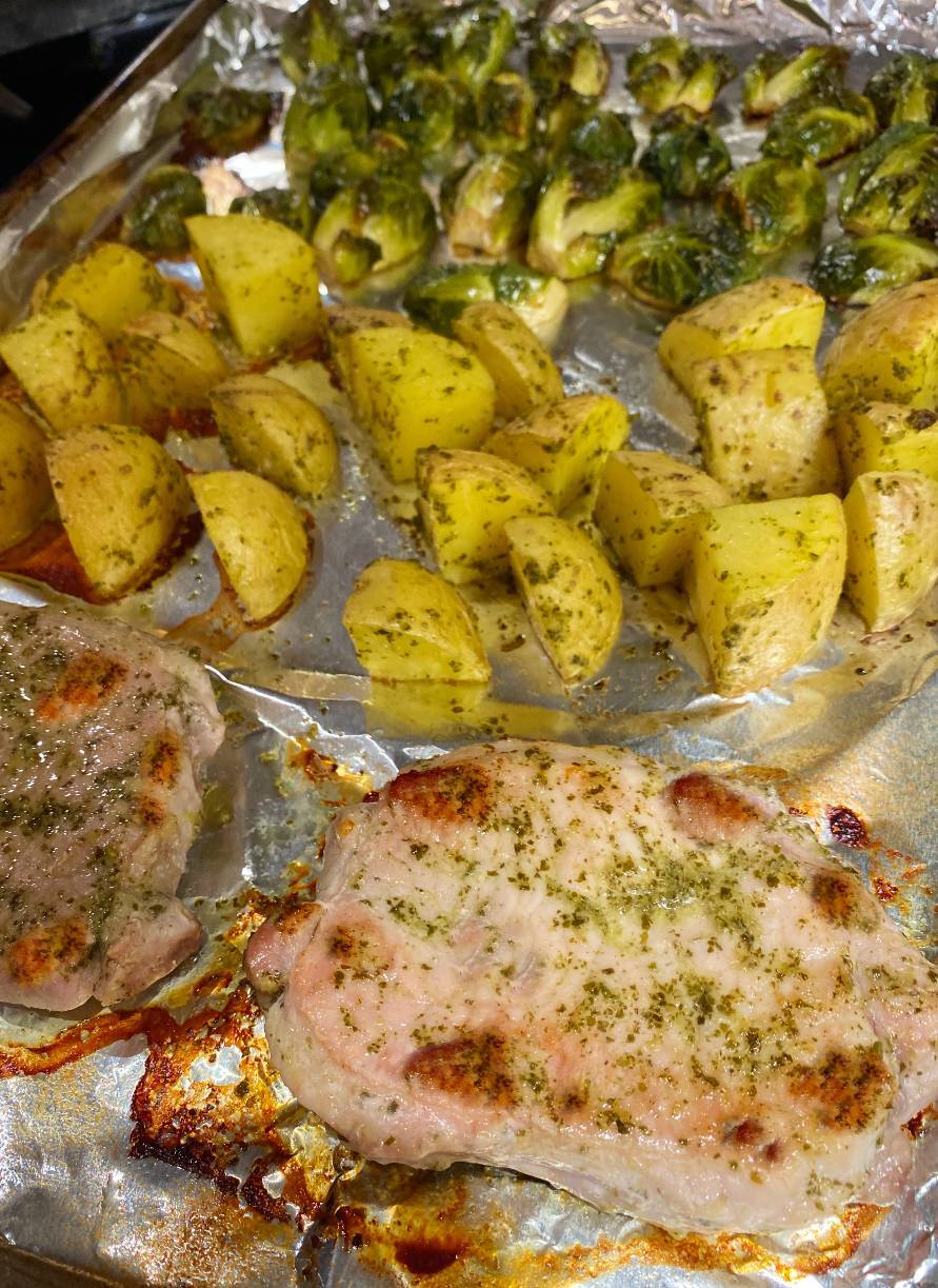 sheet pan dinner with pork, Brussels sprouts and potatoes