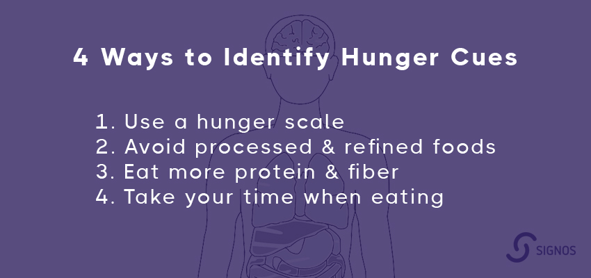 4 WAYS TO IDENTIFY HUNGER CUES - 1. Use a hunger scale; 2. avoid processed & refined foods; 3. Eat more protein & fiber; 4. Take your time when eating