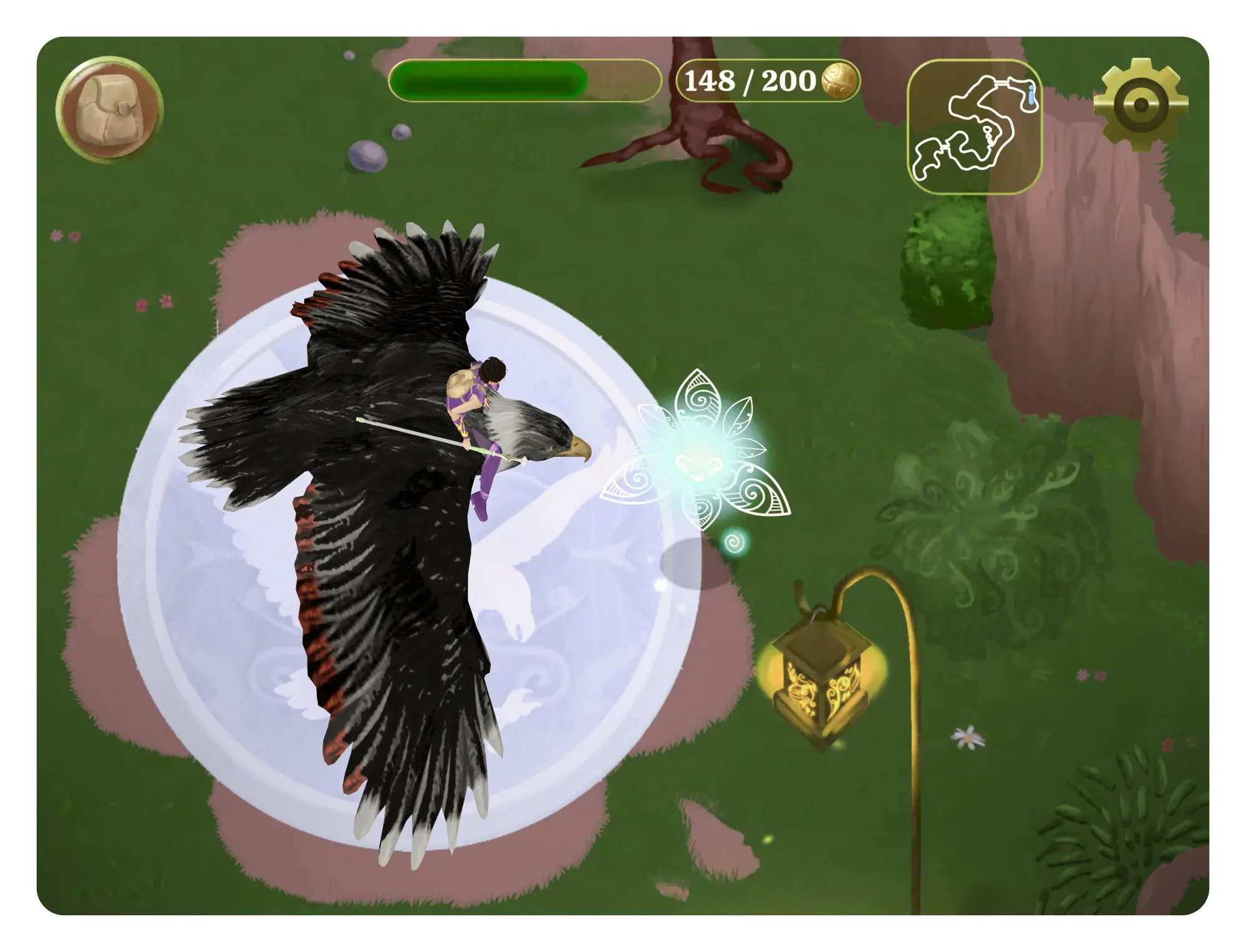 A mock up of  the SPARX video game in a tablet device. The main character is sitting on a giant bird in a fantasy forest enviroment