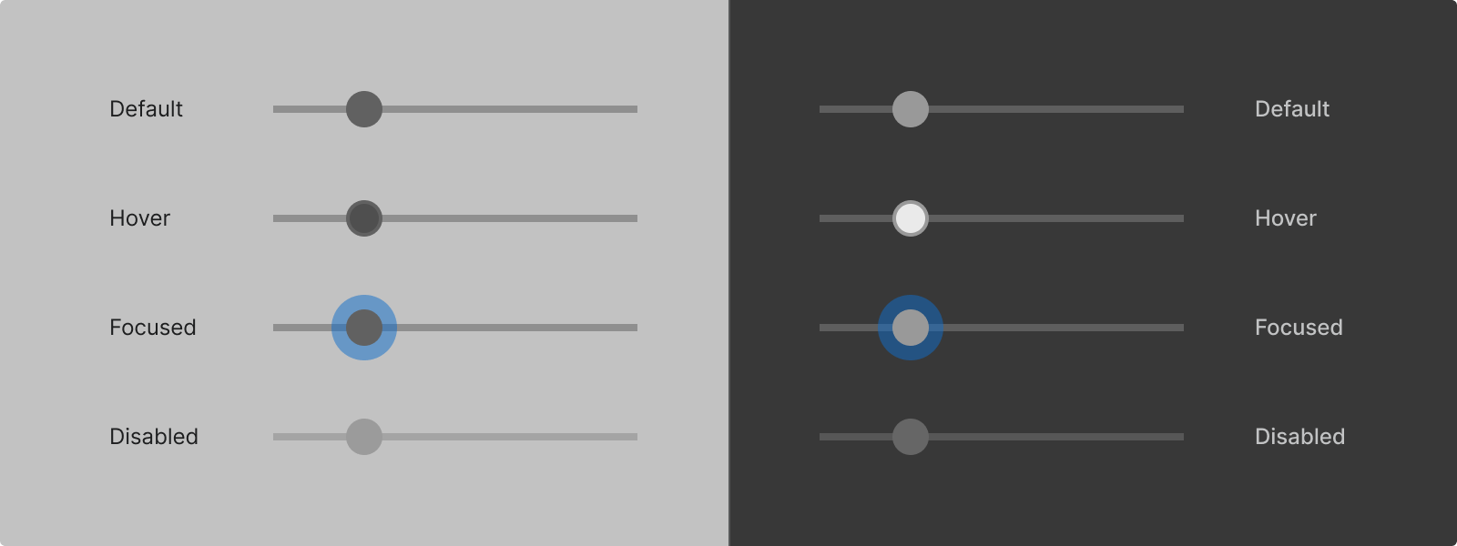 Light and dark themed sliders demonstrating interactive states