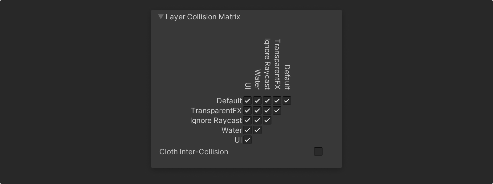 A layer collision matrix showing a set of toggle checkboxes that are checked