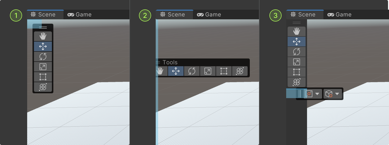 Annotated illustration showing the three dropzone locations: corner, edge, and toolbar docking