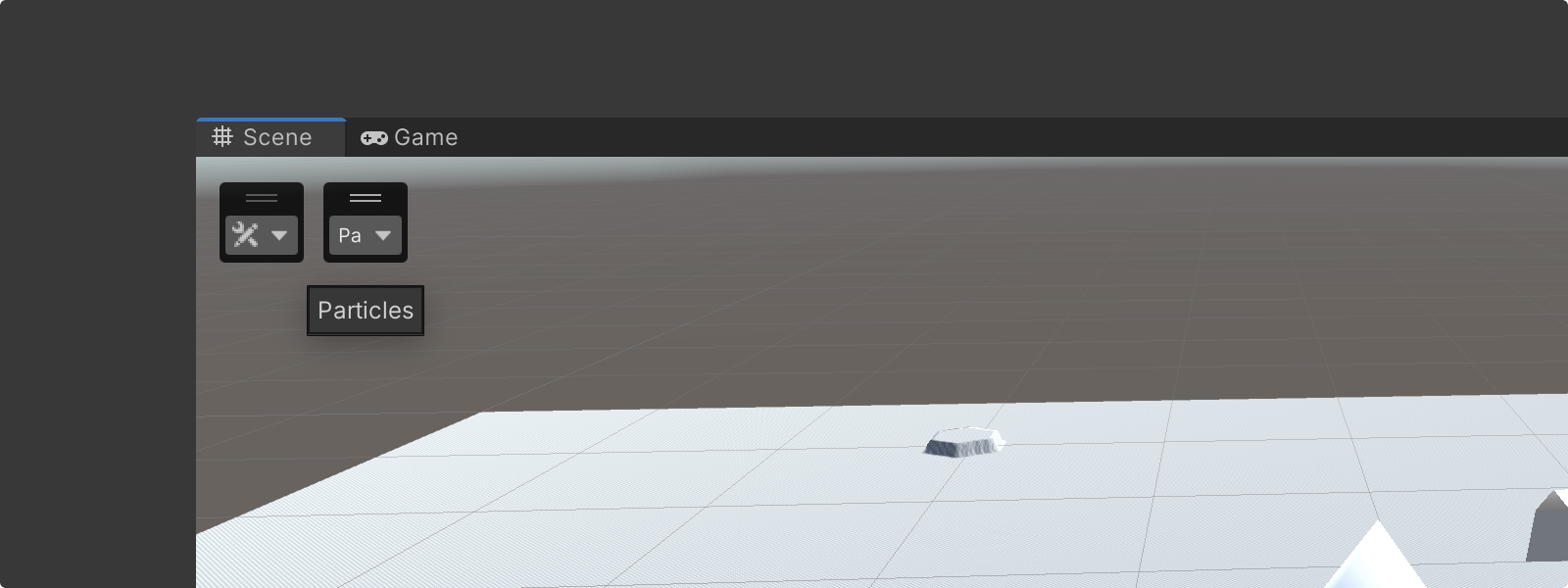 Collapsed tools overlay on the left and a collapsed particles overlay to on the right.