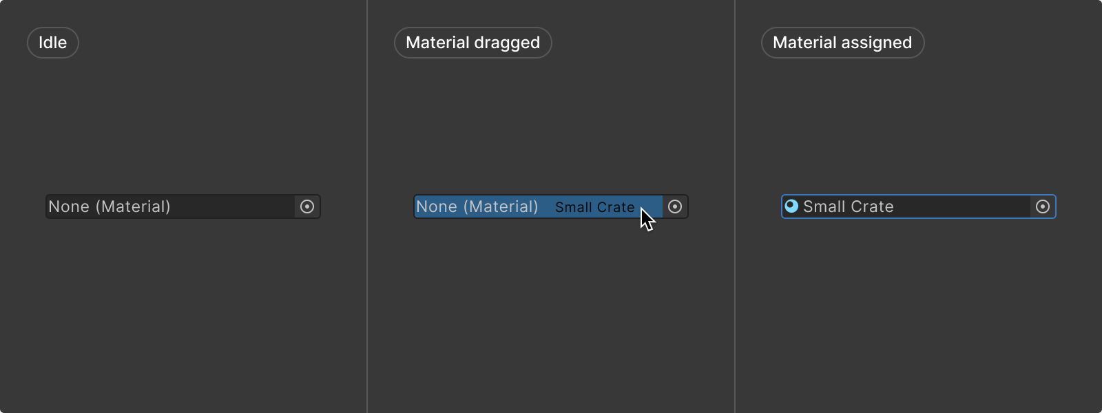 Three stages of drag and drop using material for an example with the idle stage on the left, the material dragged in the center and the material assigned on the right