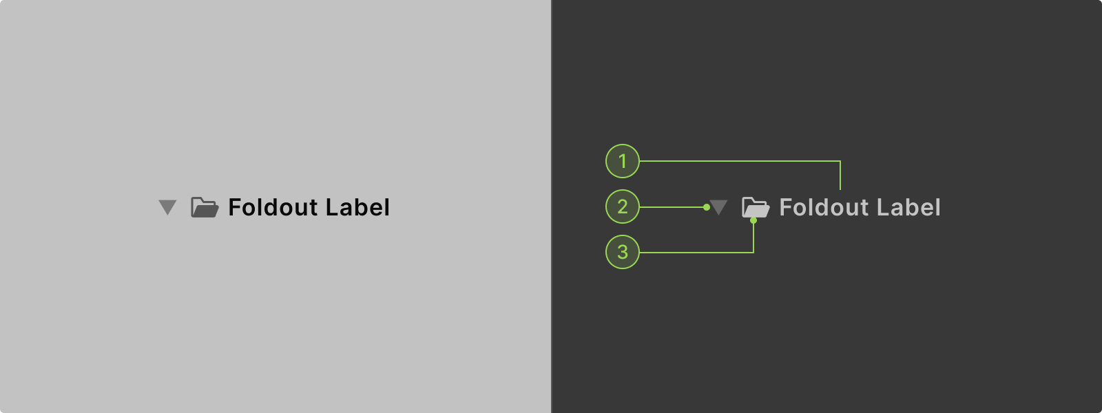 An annotated foldout label in light and dark theme, including the label, a foldout arrow and an icon