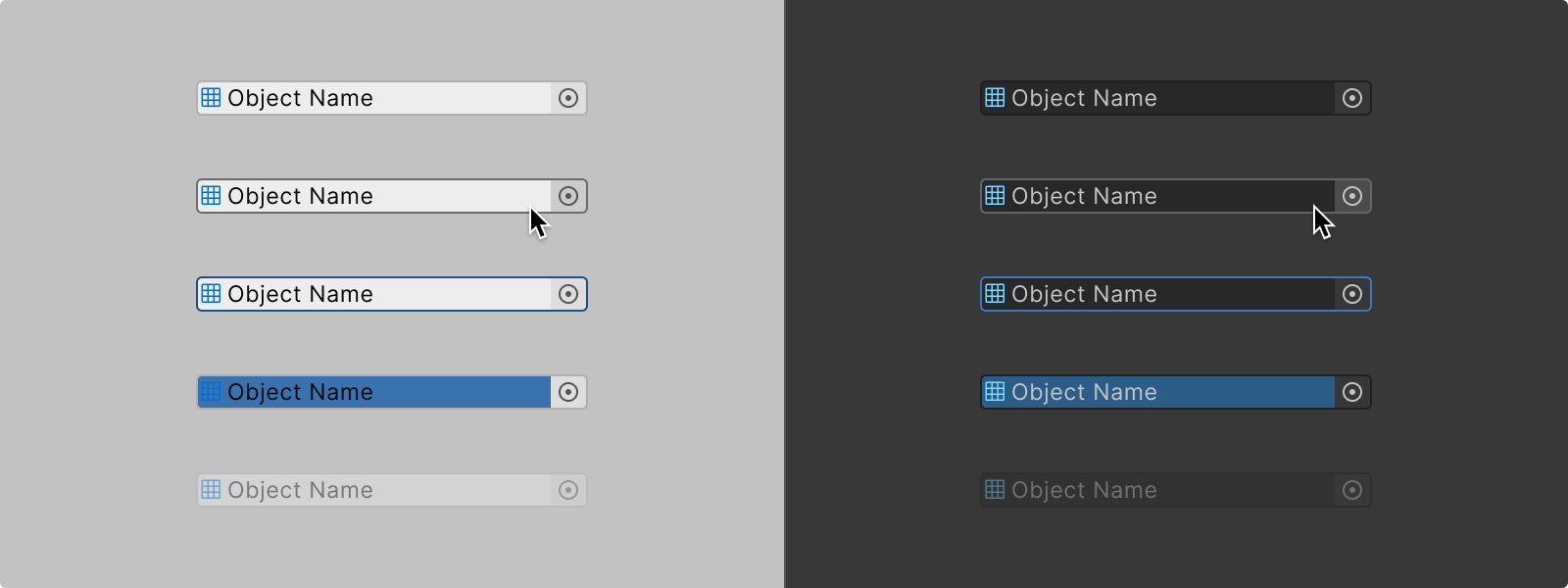 An object field’s five interactive states in light and dark themes