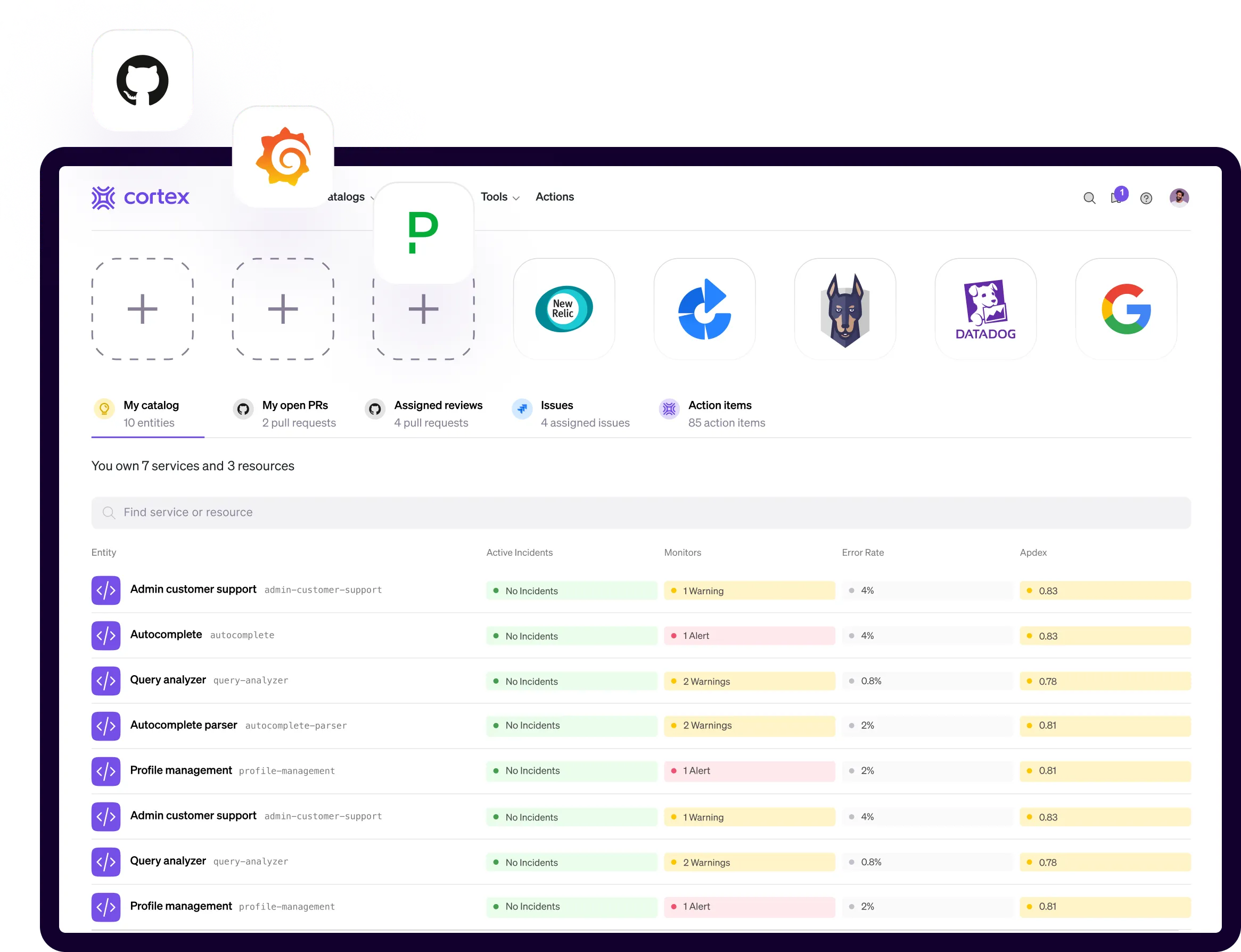 Cortex dashboard displays apps such as Github, Postgress and Datadog