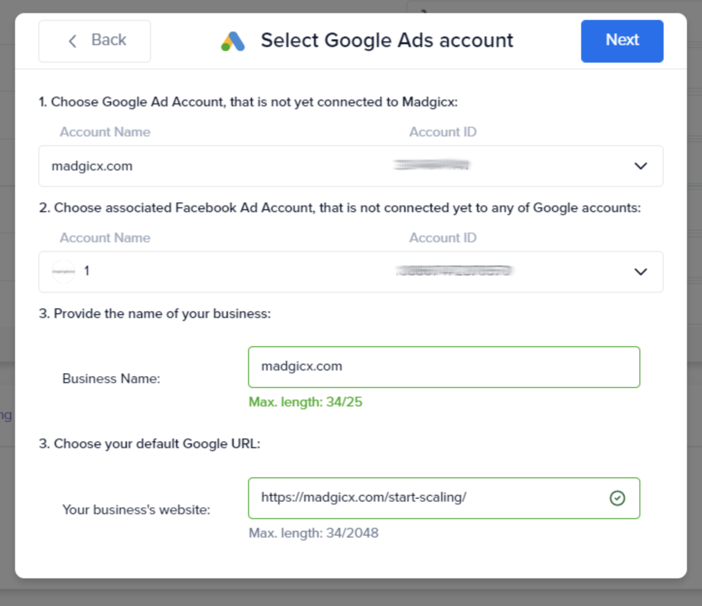 Selecting a Google Ads account