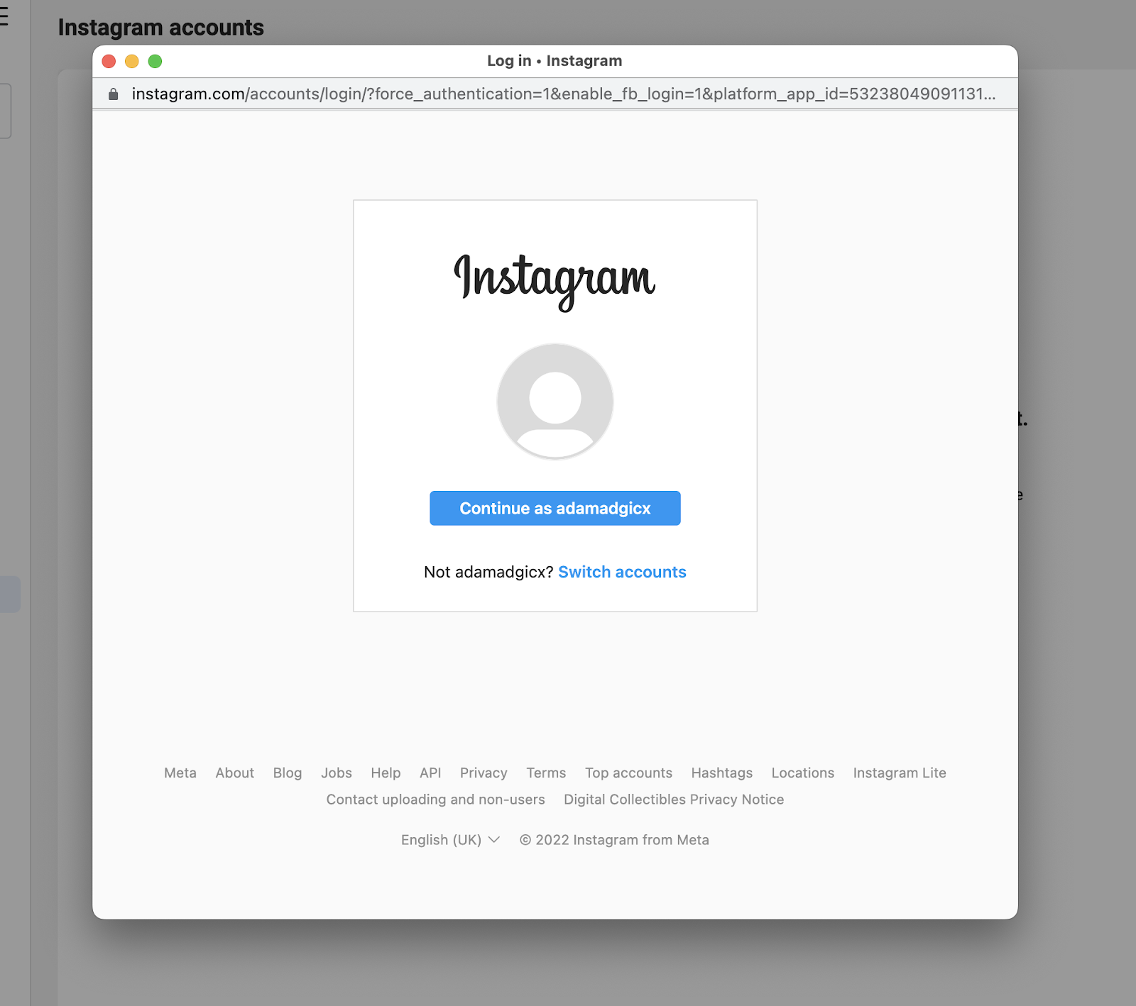 Instagram login screen.