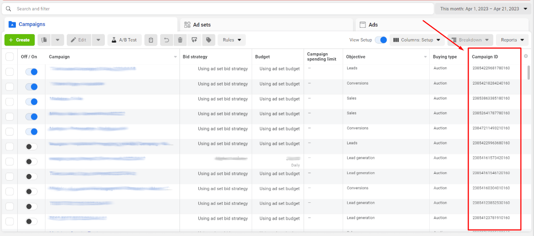 Find your campaign ID in FB Ads Manager