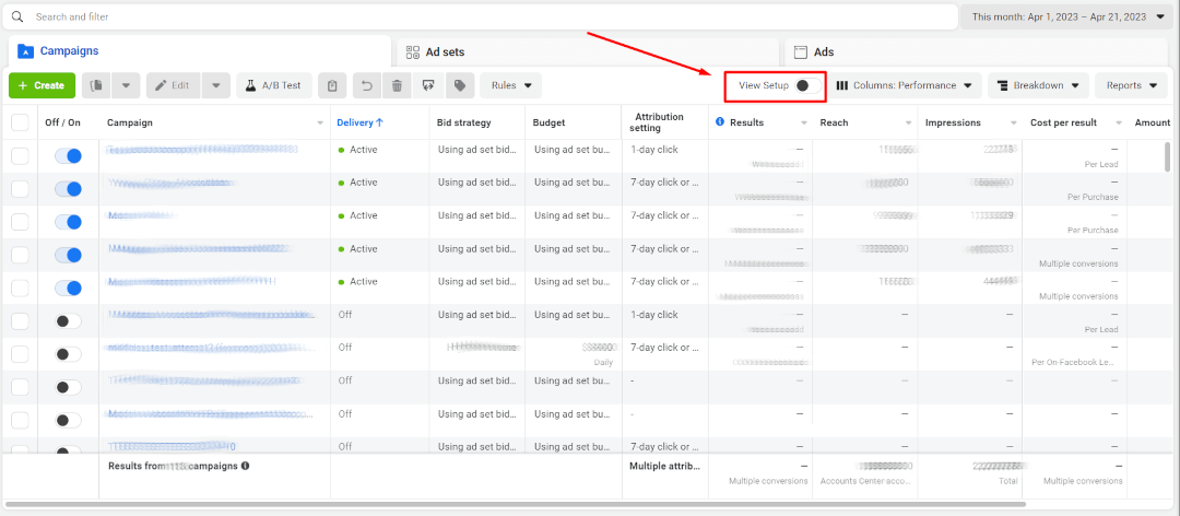 Toggle on View Setup on Facebook Ads Manager