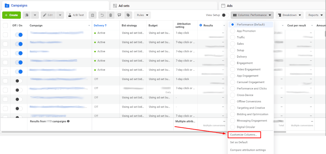 Customize columns in Facebook Ads Manager