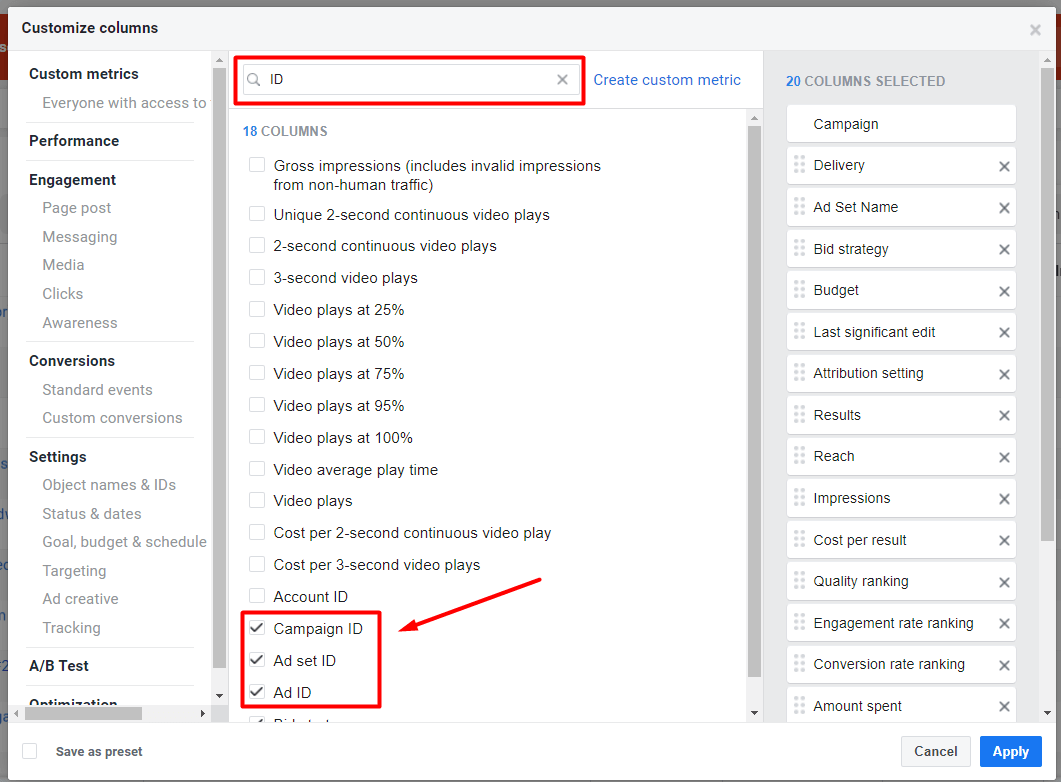 Search for ID columns in Facebook Ads Manager