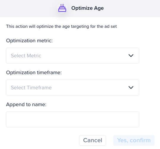 AI Optimization popup where you can set your optimization parameters like metric, timeframe, and naming convention.