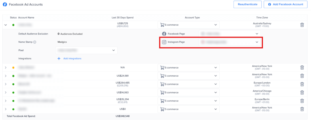 Madgicx settings where you can see if your Instagram account is connected.