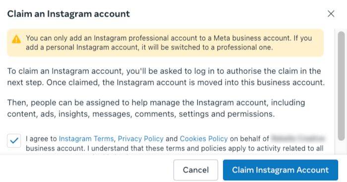 Claim an Instagram account popup.