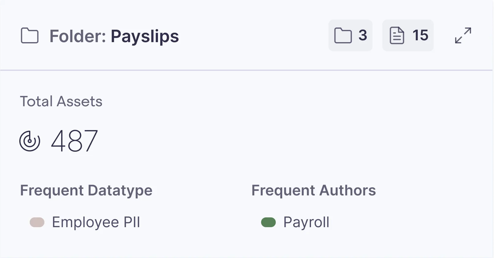 Breakdown of data found including 487 assets in 'Payslips' folder