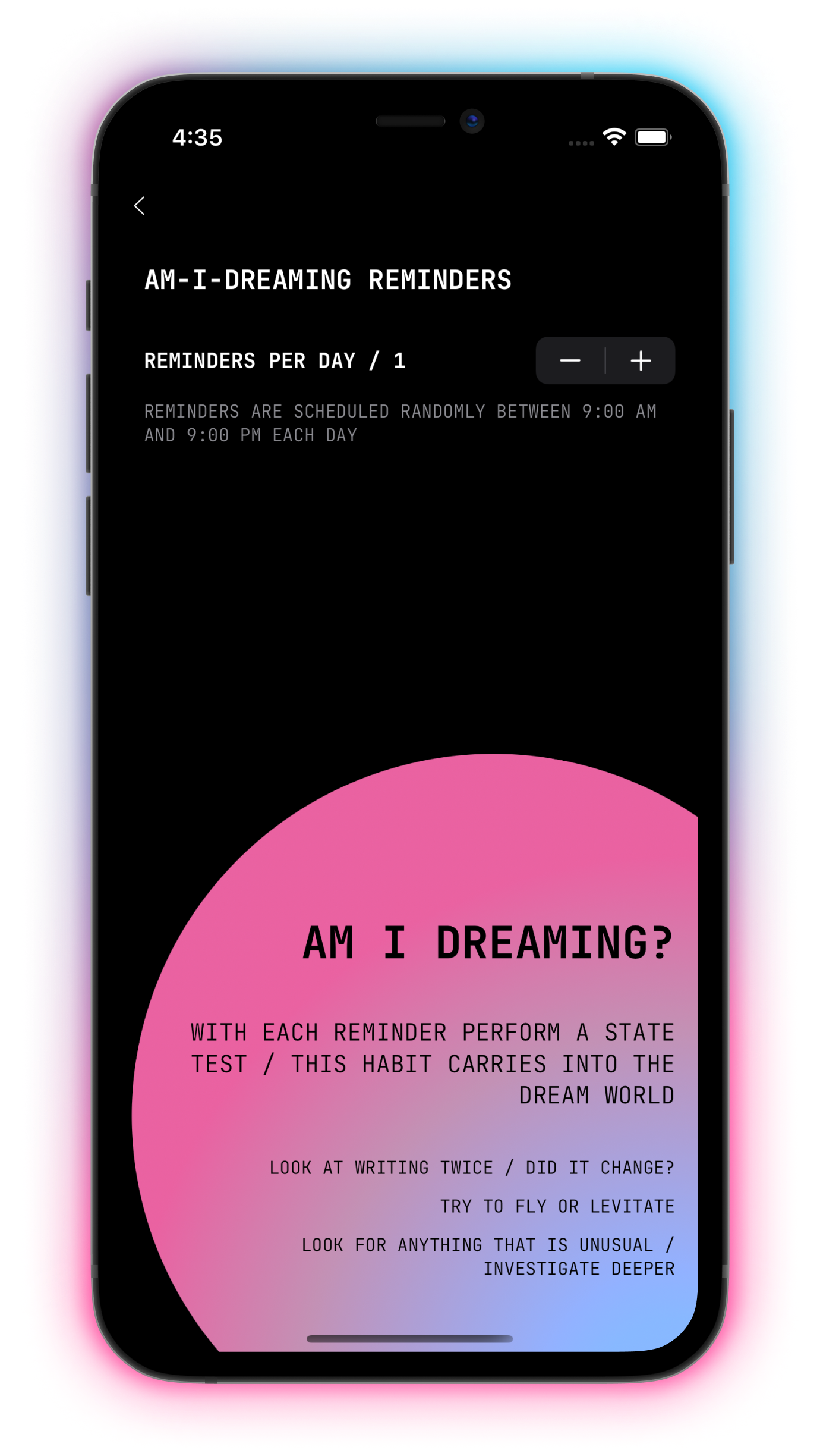 AM-I-DREAMING Reminders App Screenshot