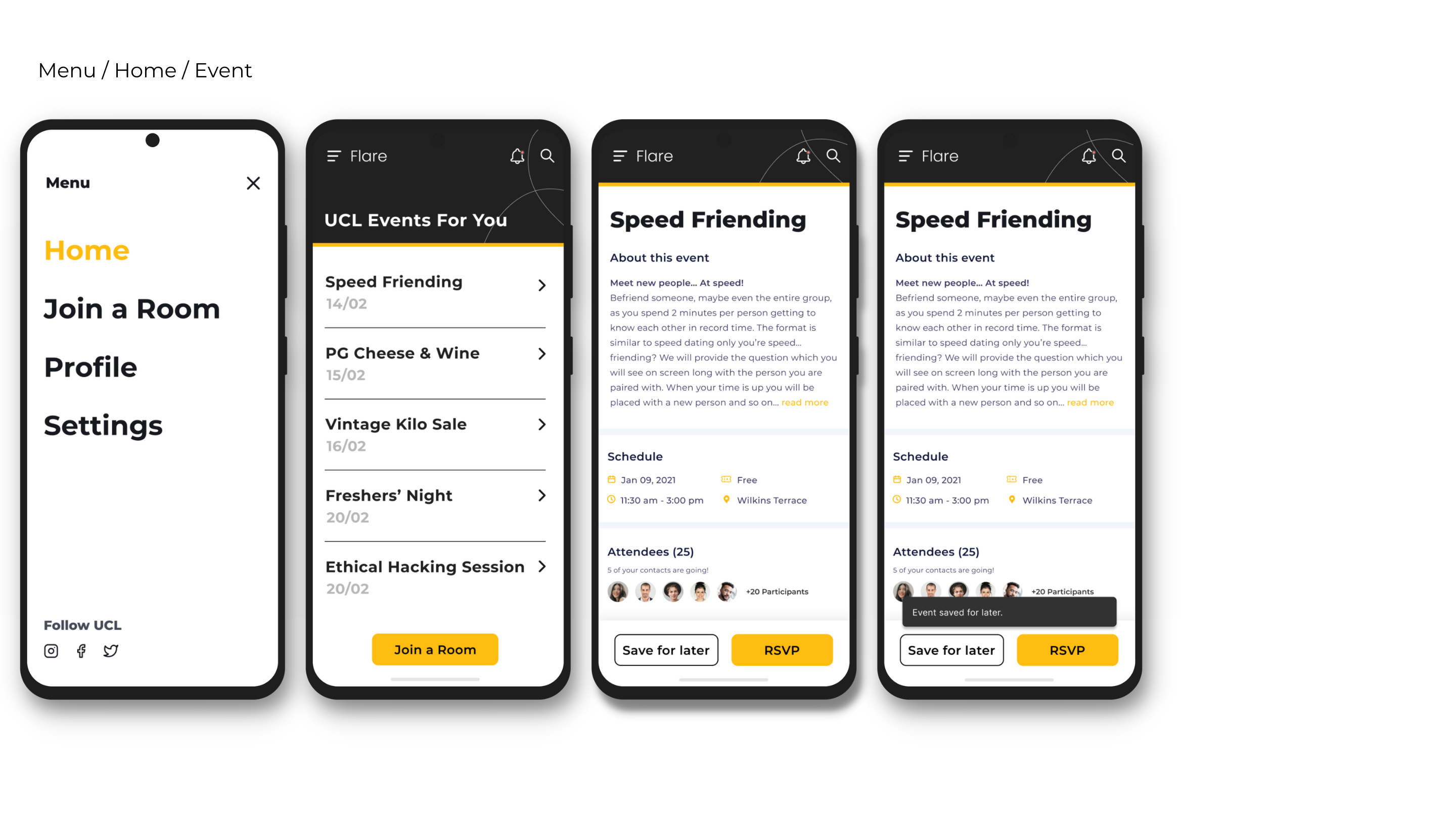 Visual designs depicting the Events management flow
