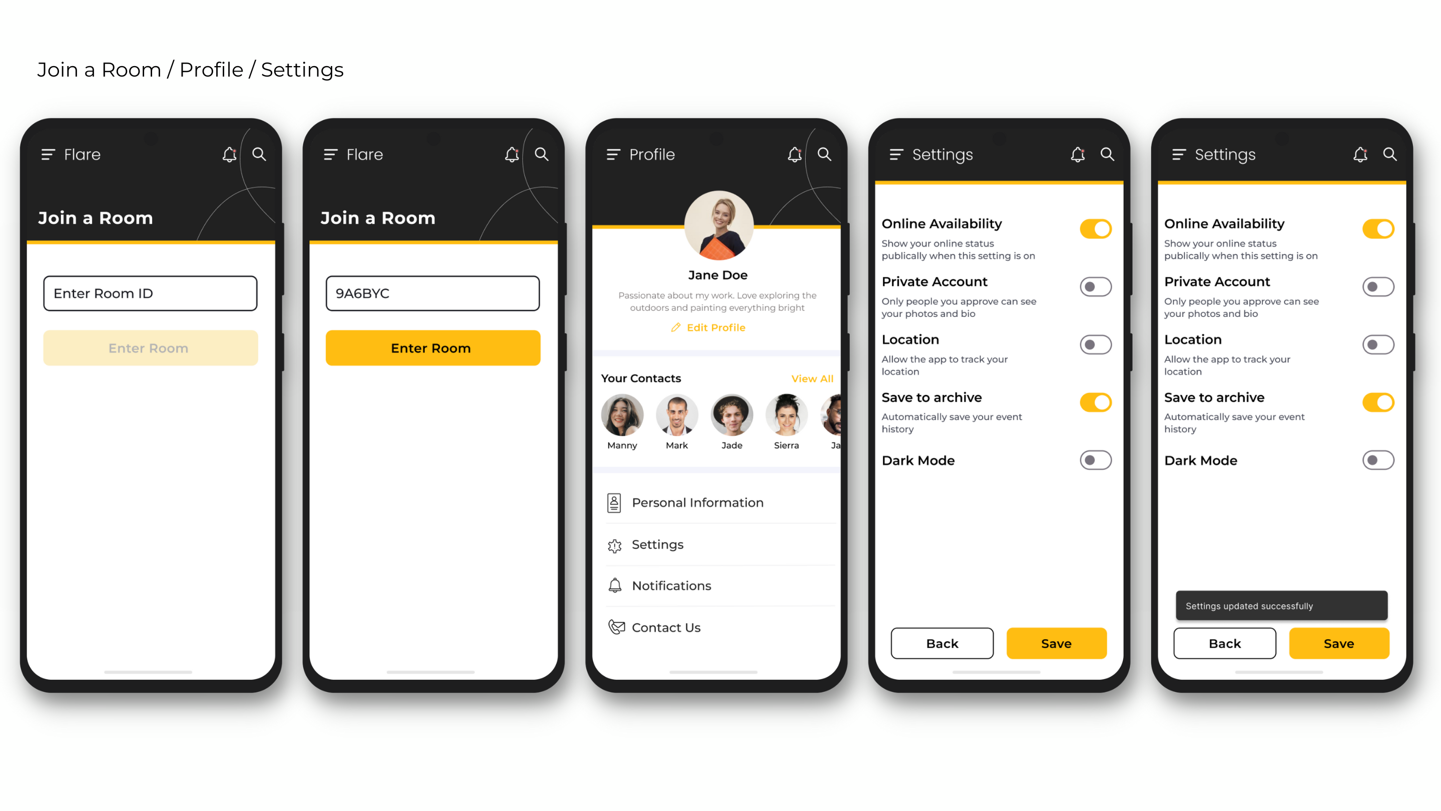 Visual designs depicting the Joining of a Room / and Profile flow