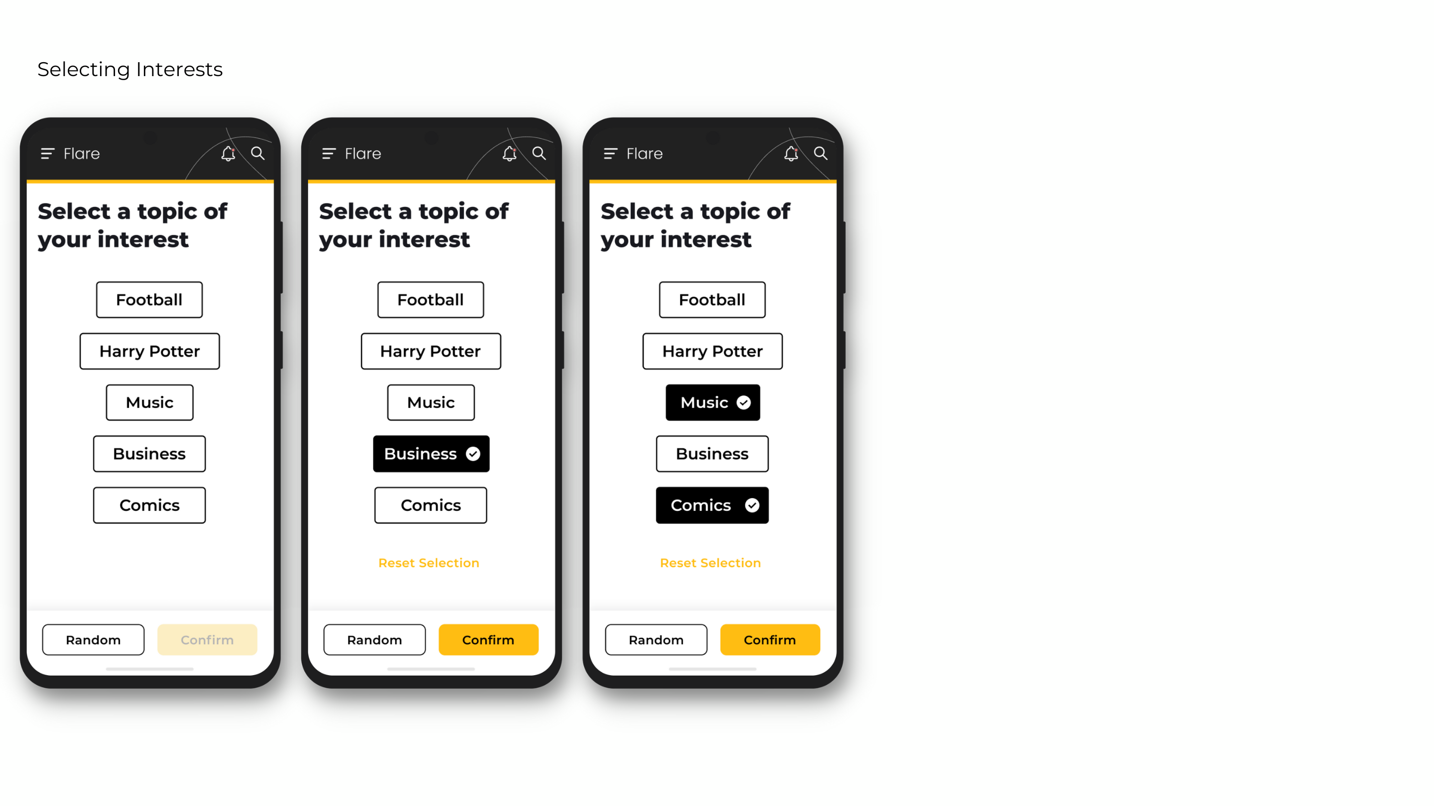 Visual designs depicting the flow for selecting interests within the app