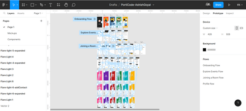 Screenshot from Figma, depicting screens from Project Flare