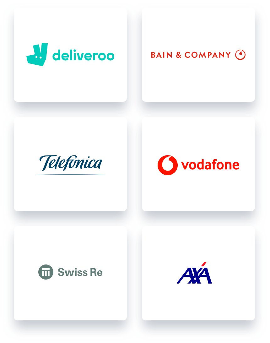 A series of logos: Mastercard, Bain & Company, Telefonica, Vodafone, Swiss Re & AXA