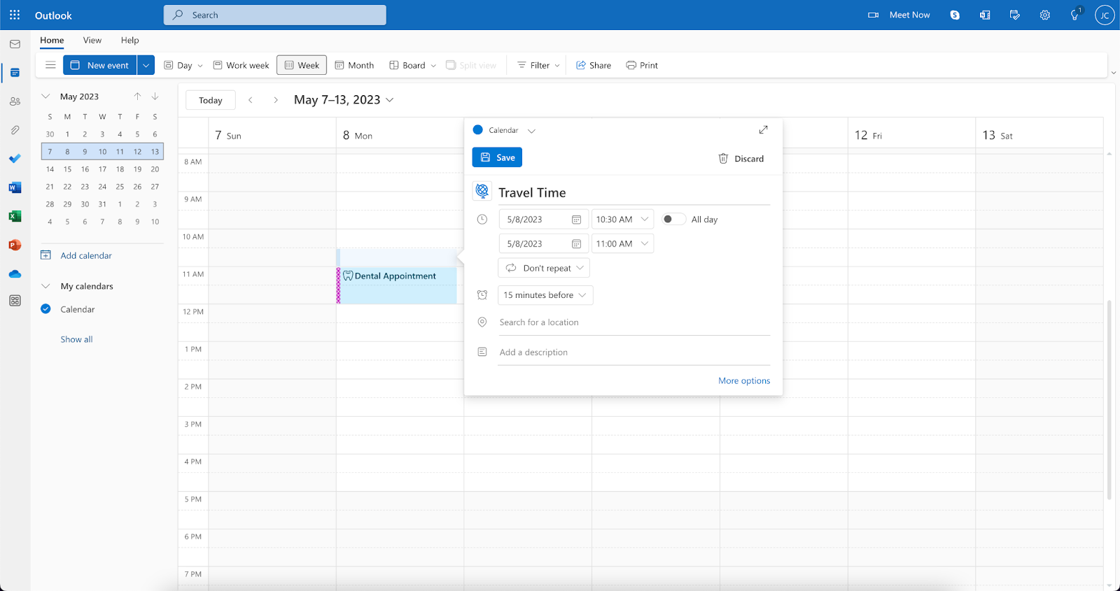 outlook meeting travel time create new event