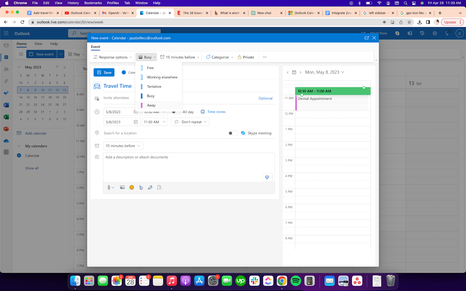 outlook meeting travel time adjust show as busy