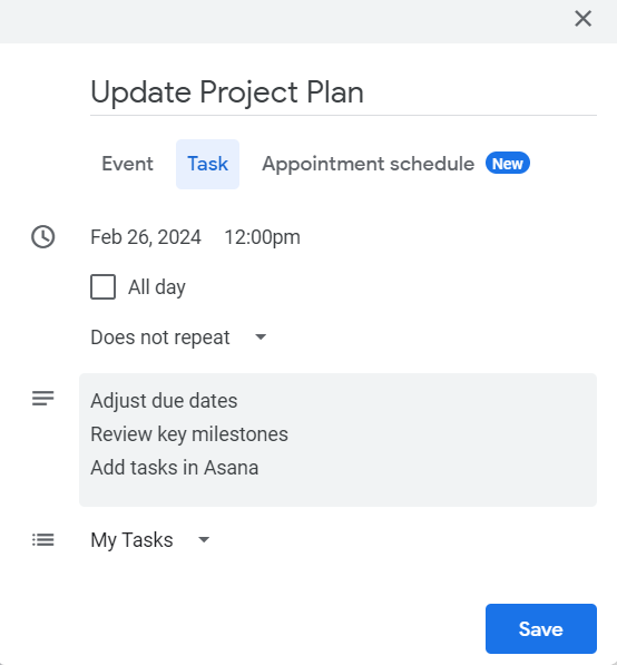 Google Task details