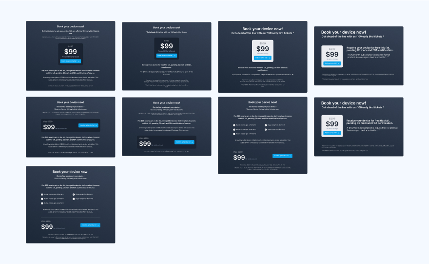 Différentes versions des landing pages format desktop