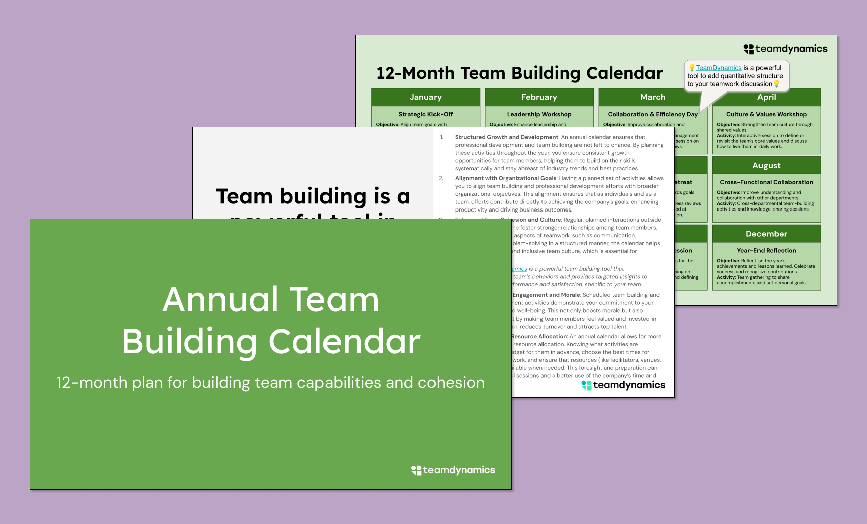 Free 12-month calendar of powerful team building events to improve your team's cohesion and performance.