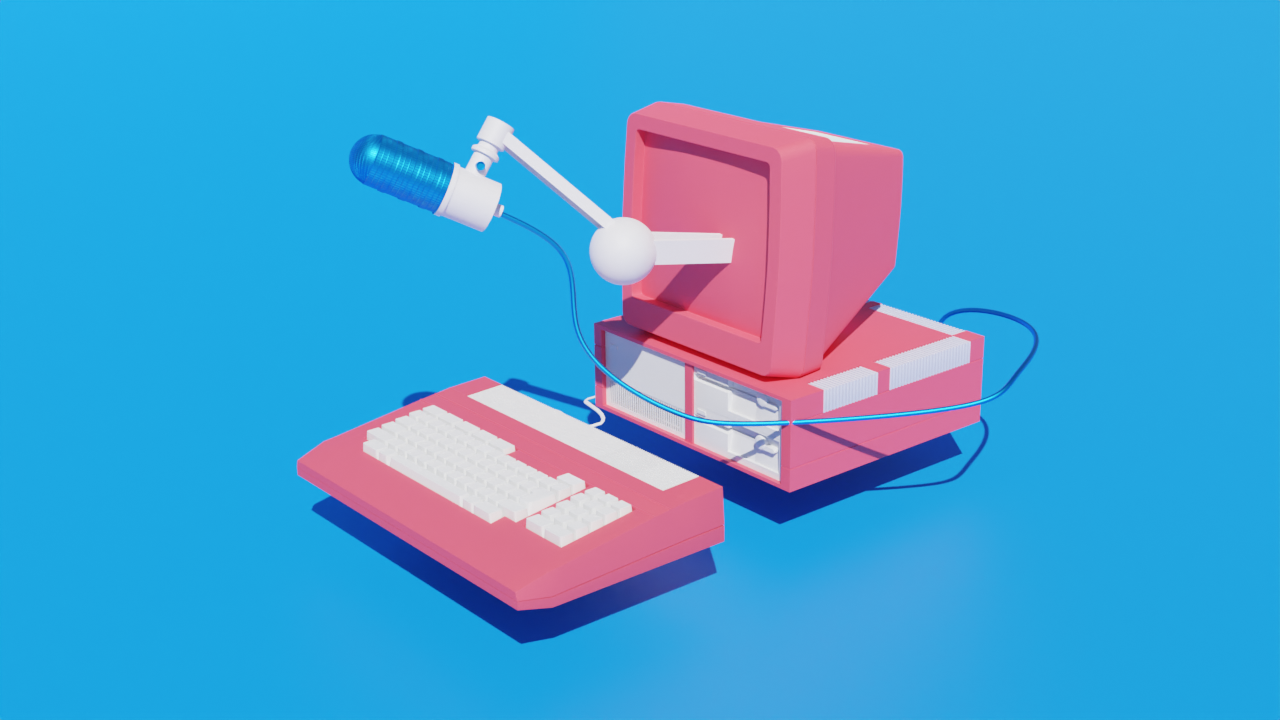 Old-school computer with a microphone coming out of the screen