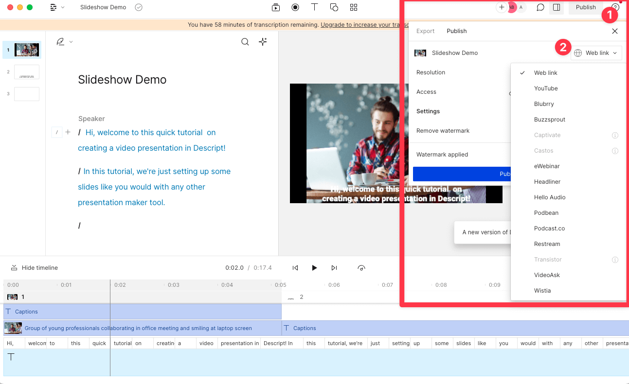 Exporting your video presentation in Descript