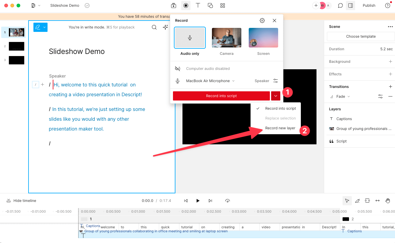 Presenting different screen recording options in Descript