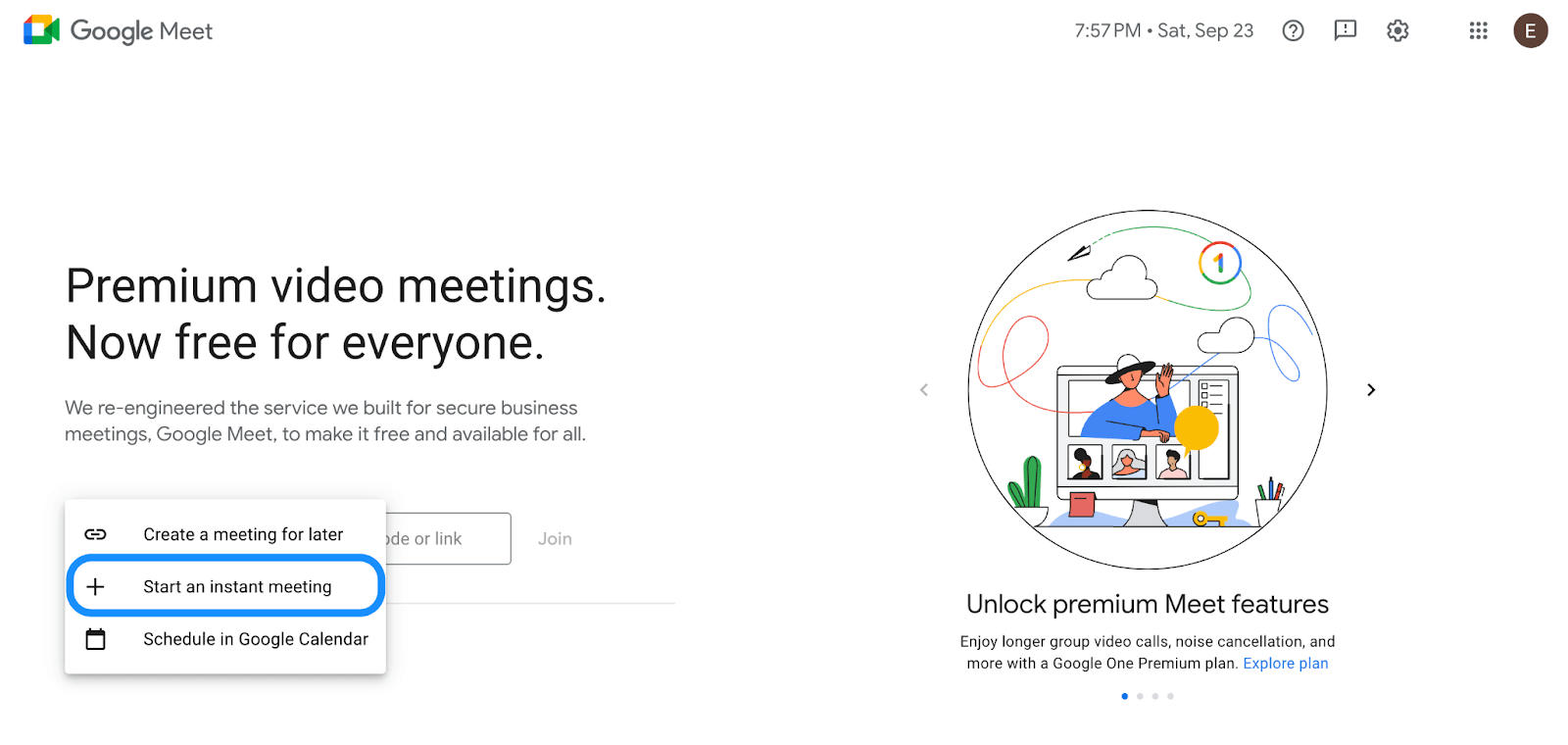 Selecting “start an instant meeting” in Google Meets