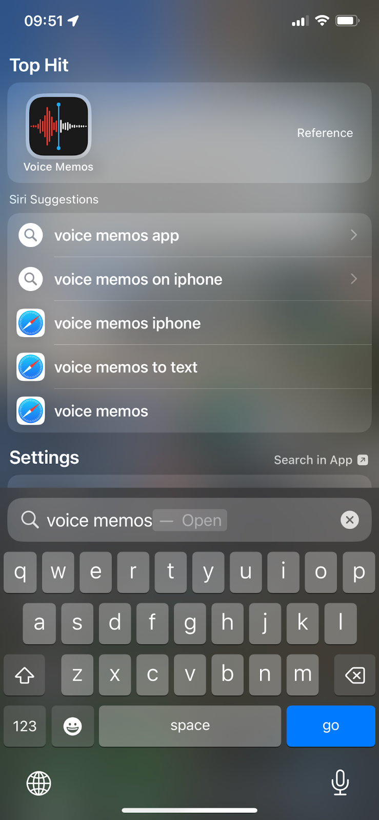 User searching for Voice Memos app on iPhone