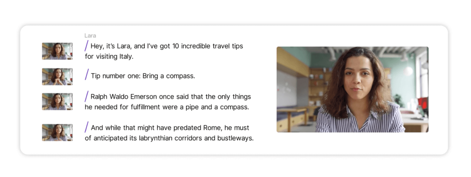 Example of transcription with video thumbnail in Descript