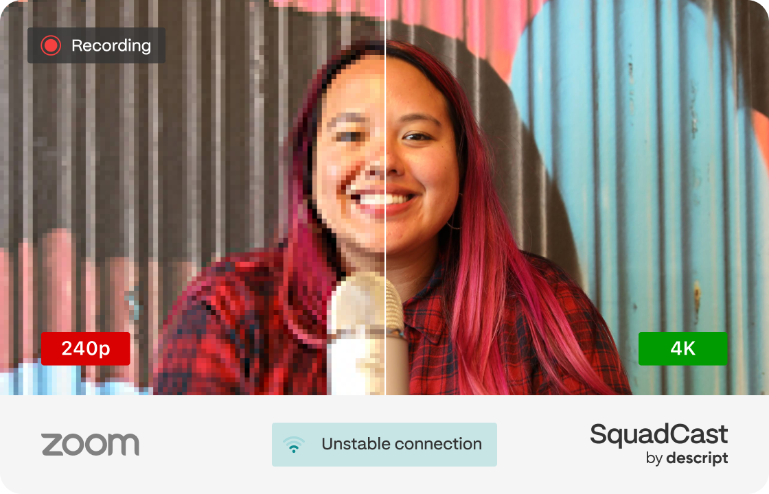 A split screen image showing resolution of Zoom call versus SquadCast in 4K