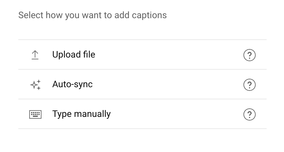 Screenshot of options to add captions to YouTube