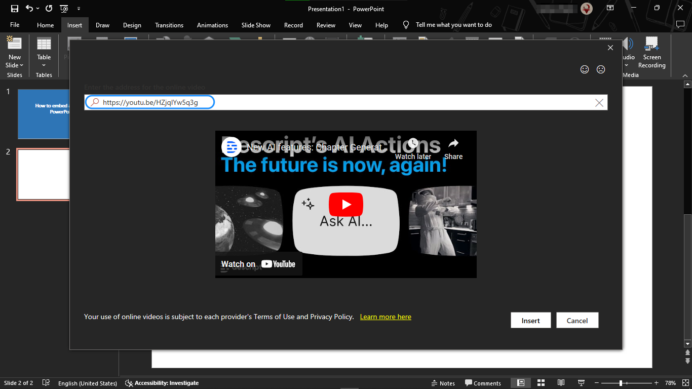 Inserting a YouTube video into PowerPoint