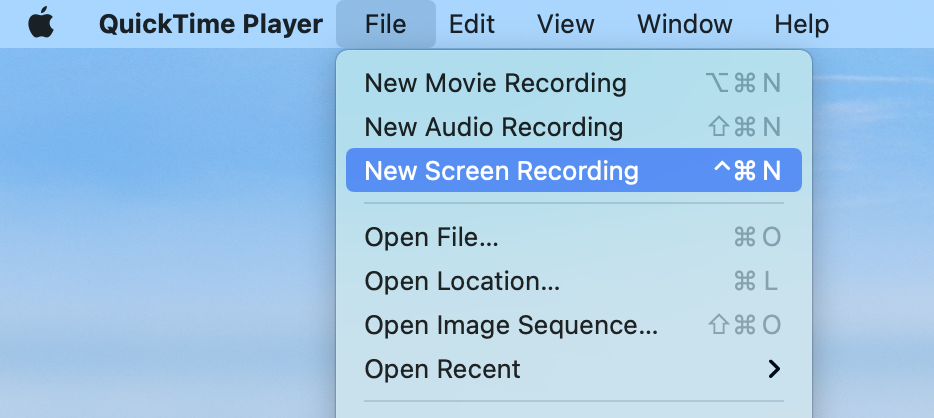 Selecting the New Screen Recording option on Mac