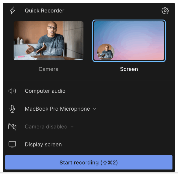 Choosing a screen recording option in Descript