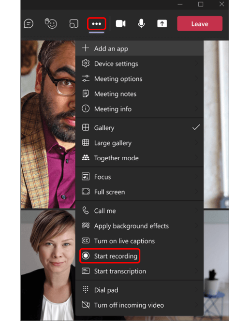 Image of user starting a recording in Microsoft Teams