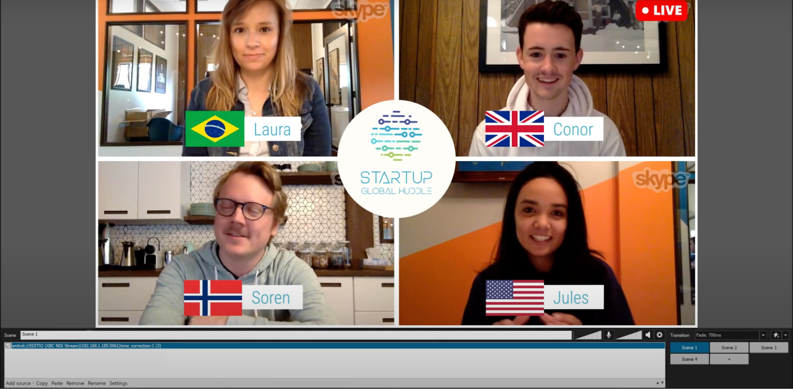 Image of four people from different countries speaking on Skype