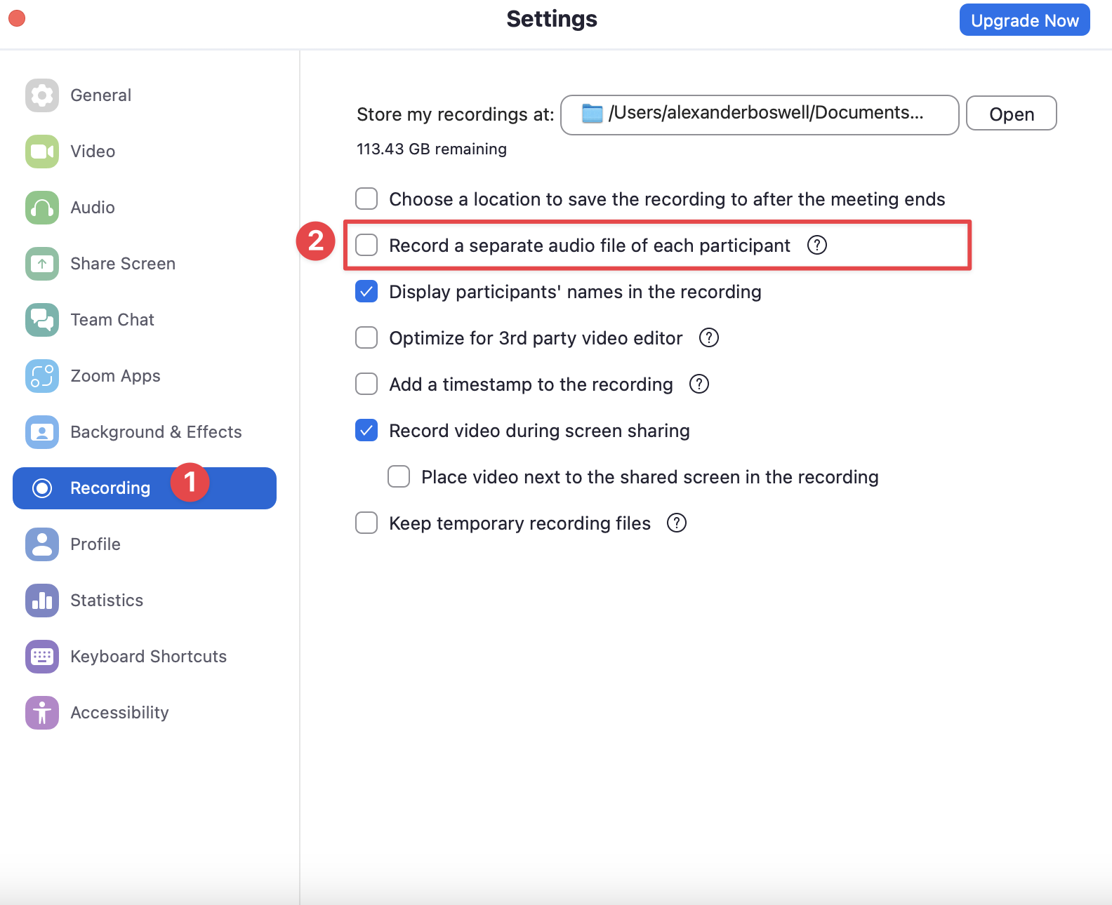 Choosing the option to record multitrack in Zoom