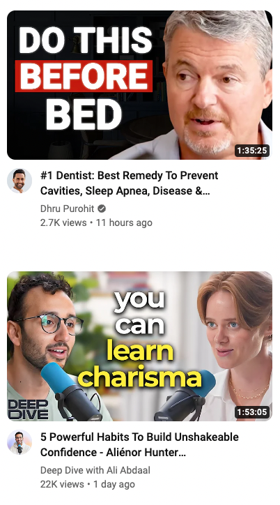 Two examples of clickable thumbnails from Dhru Purohit and Ali Abdaal