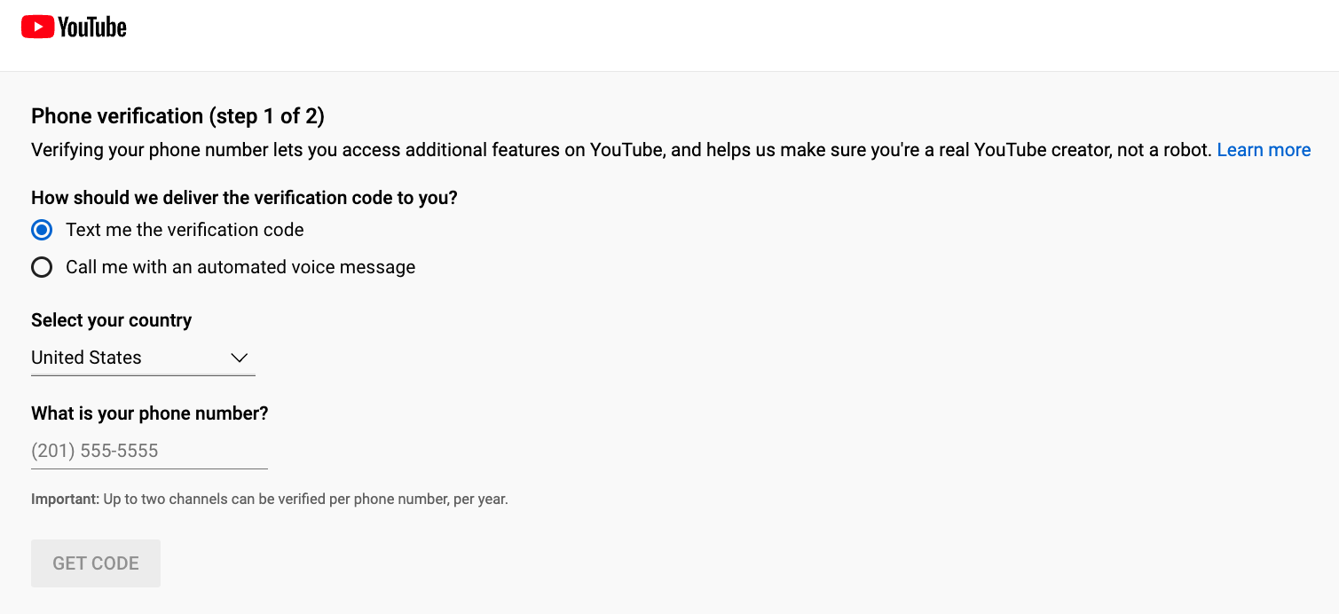 Verifying phone number in YouTube