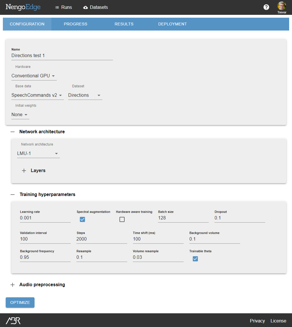 Run configuration page